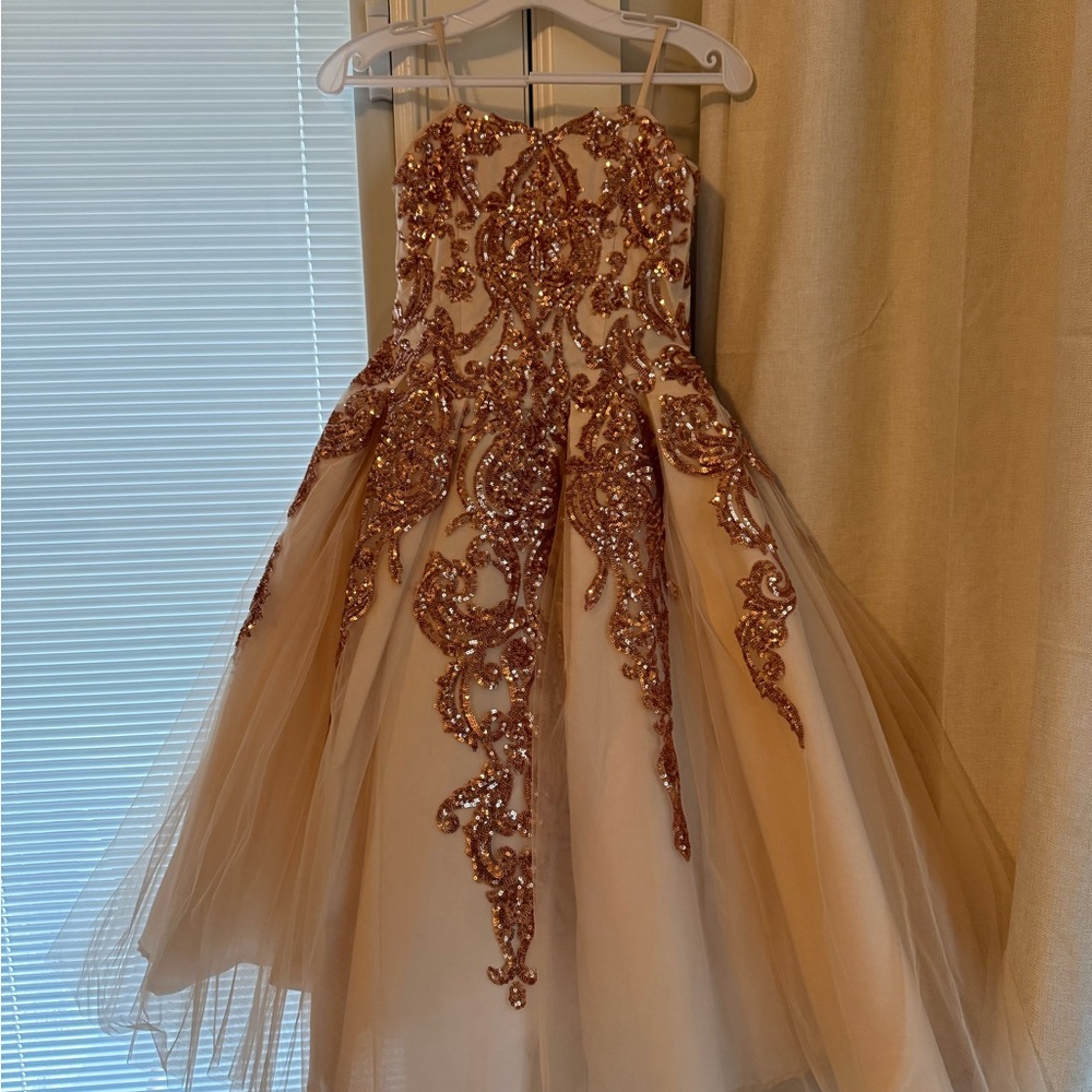 Dancing Queen Sequin Embellished Girls Dress in Cream and Rose Gold